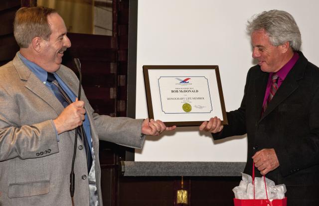 Bob McDonald receives Honourary Life Member: Ottawa Flying Club President Marc Desjardins presents CBC's Radio Host Bob McDonald with Honourary Life Member in the Ottawa Flying Club... Eastern Canada's Oldest Flying Club.